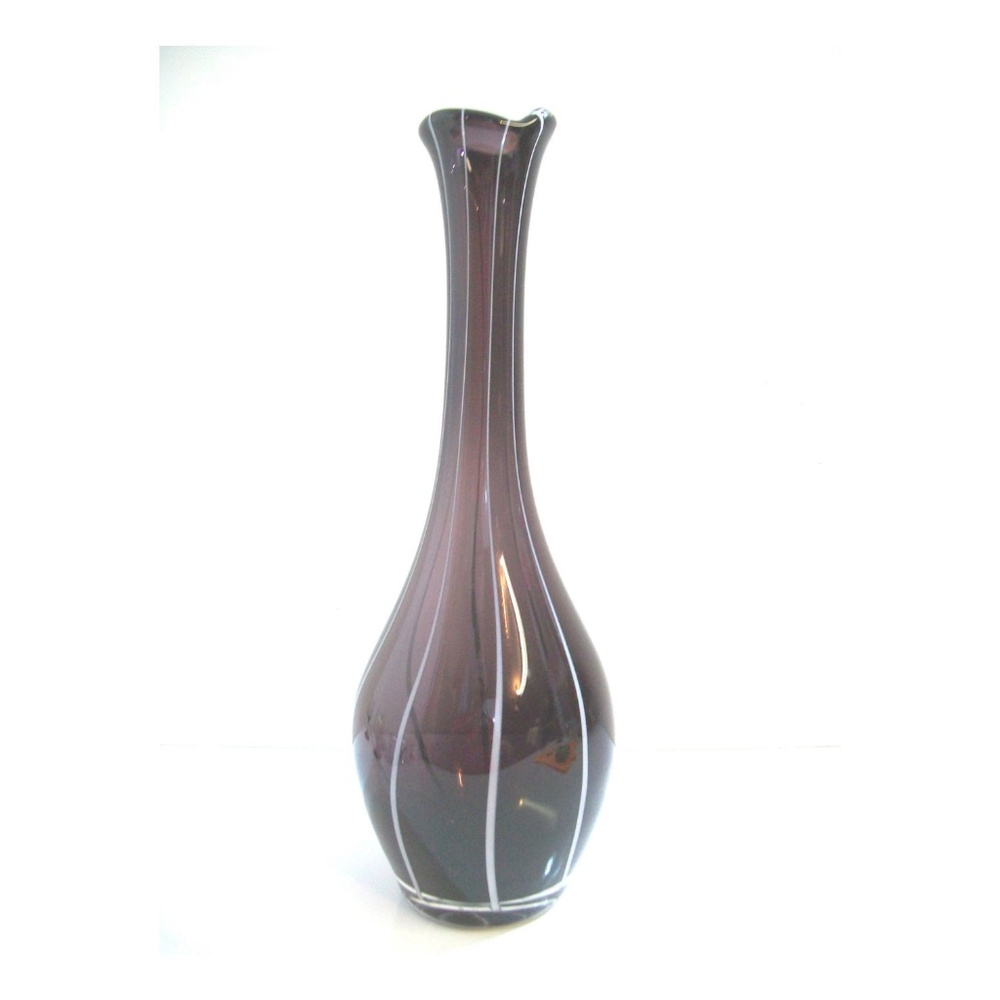 Mid-Century Amethyst Art Glass Vase White Swirl 16"H